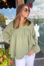 Zenana Gauze Balloon Long Sleeve Top Olive