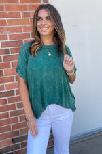 Zenana Washed Ribbed Short Sleeve Top Dark Green