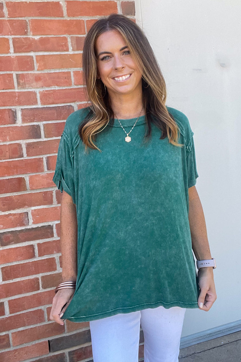 Zenana-Washed Ribbed Short Sleeve Boat-Neck Top