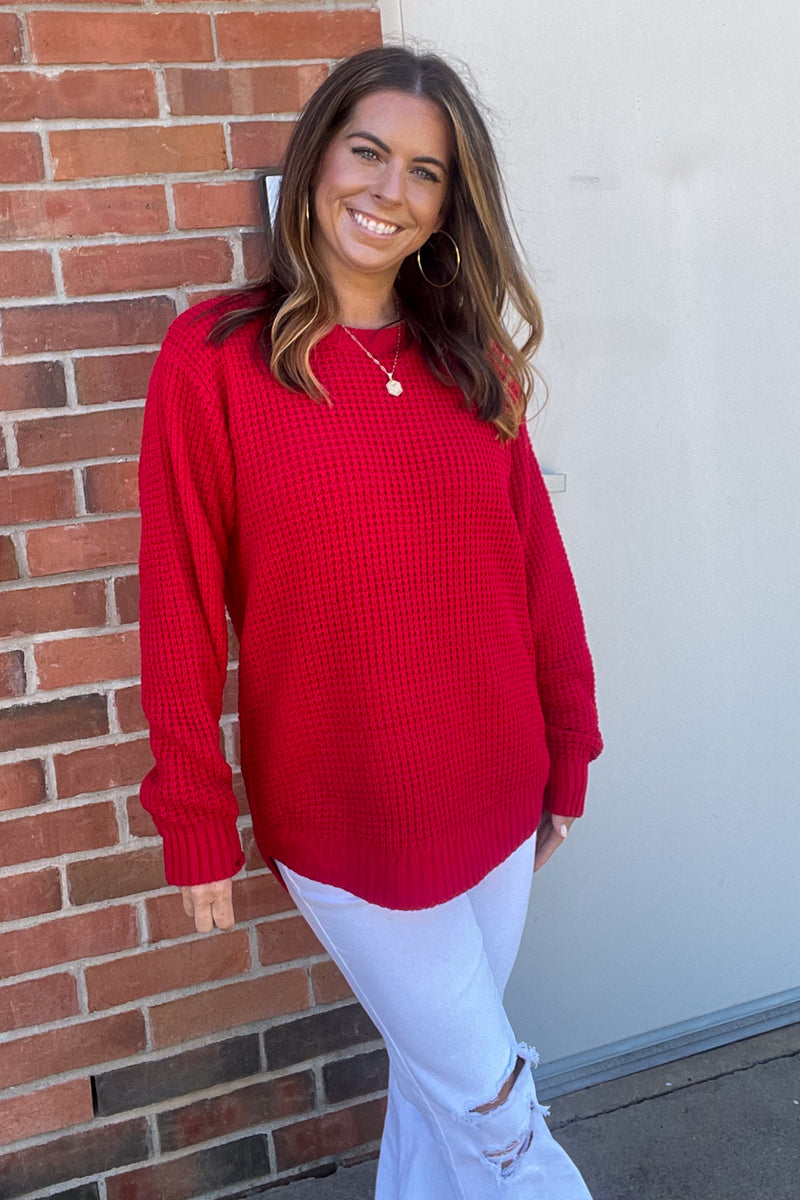 Zenana-Hi-Low Long Sleeve Waffle Sweater