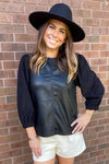 THML-Corduroy Sleeve Leather Top-Black