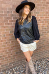 THML-Corduroy Sleeve Leather Top-Black