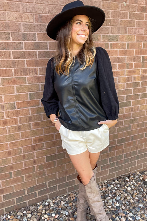 THML-Corduroy Sleeve Leather Top-Black