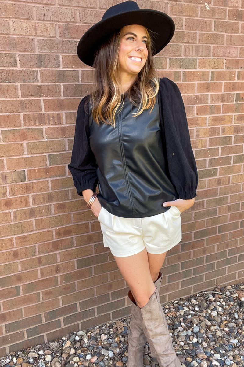 THML-Corduroy Sleeve Leather Top-Black