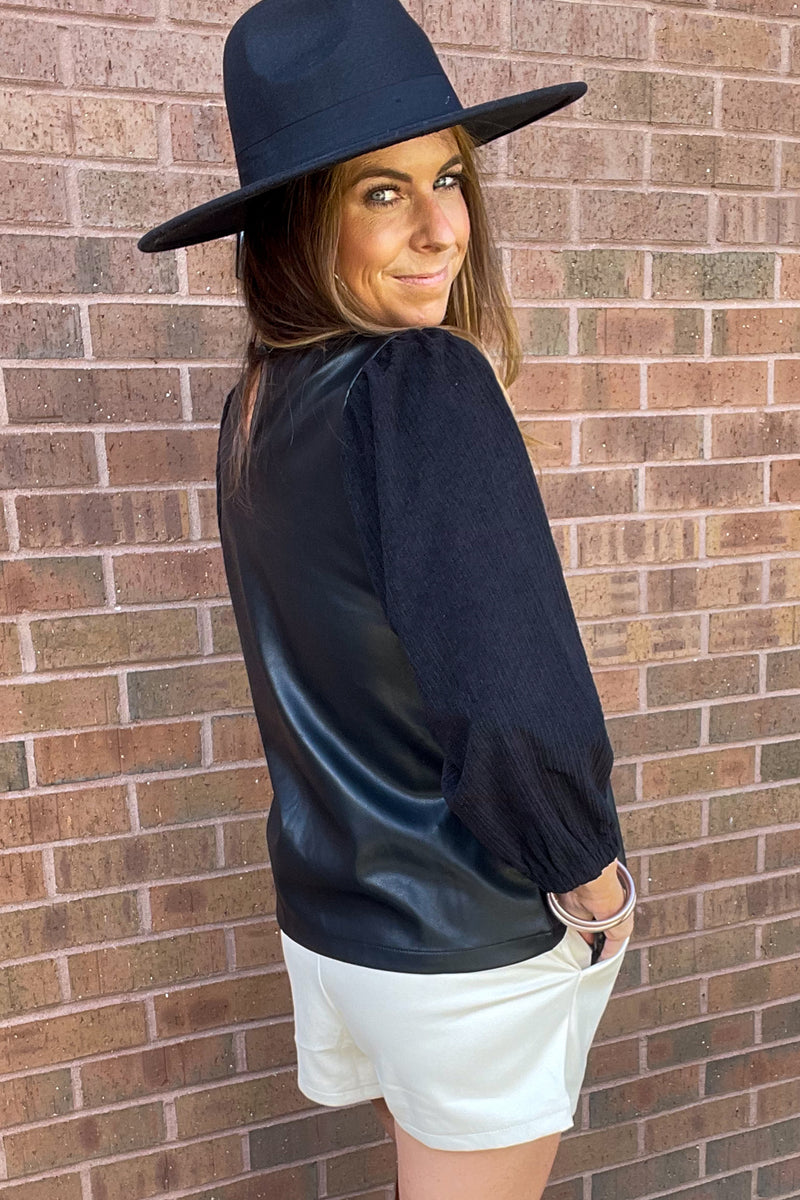 THML-Corduroy Sleeve Leather Top-Black