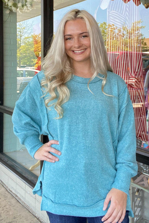 Light Teal Zenana Brushed Melange Hacci Oversized Side Slit Sweater