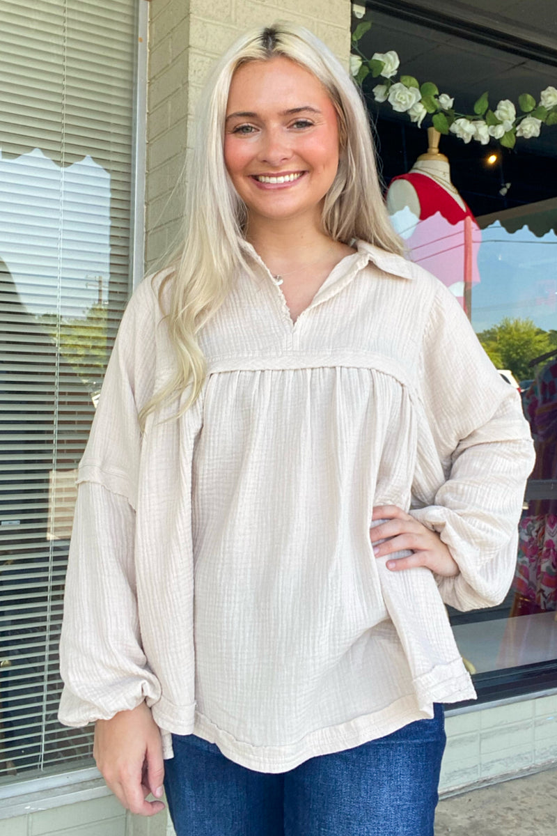 Zenana-Double Gauze Balloon Long Sleeve Top