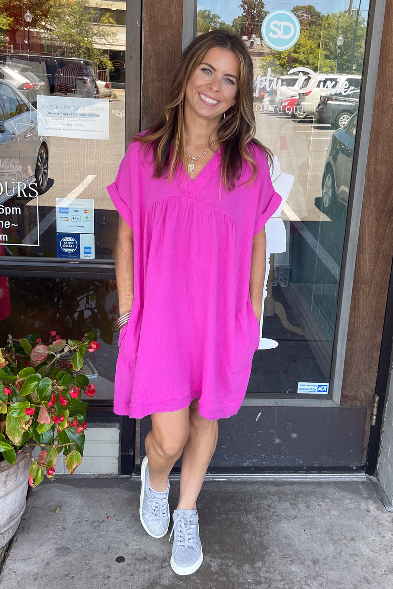 Zenana-Raw Edge Gauze V-Neck Dress