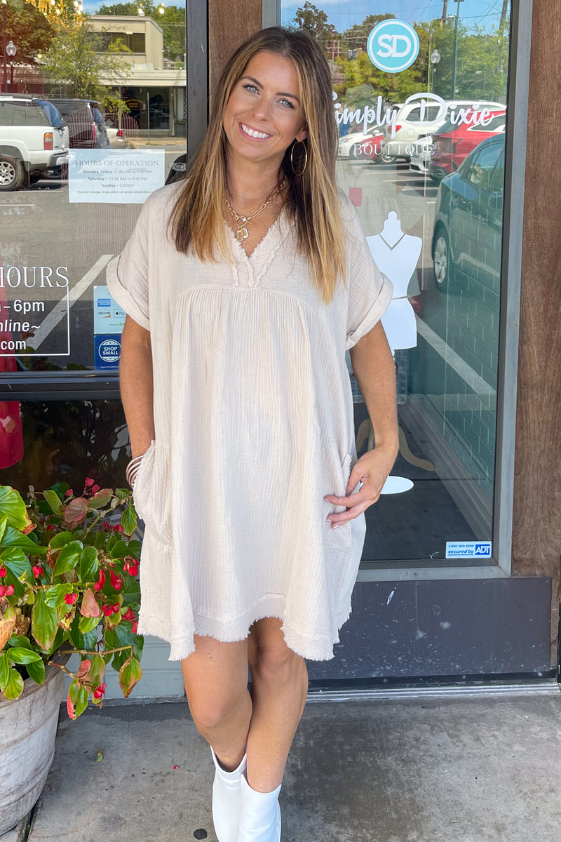 Zenana-Raw Edge Gauze V-Neck Dress