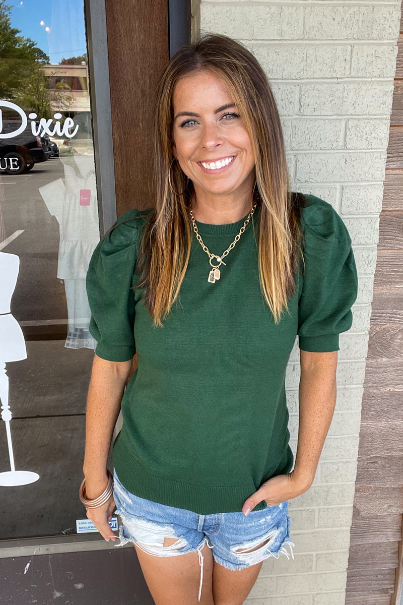 Dark Green Zenana Puff Sleeve Sweater