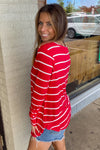 Zenana-Striped V-Neck Dolphin Hem Top-Red/White