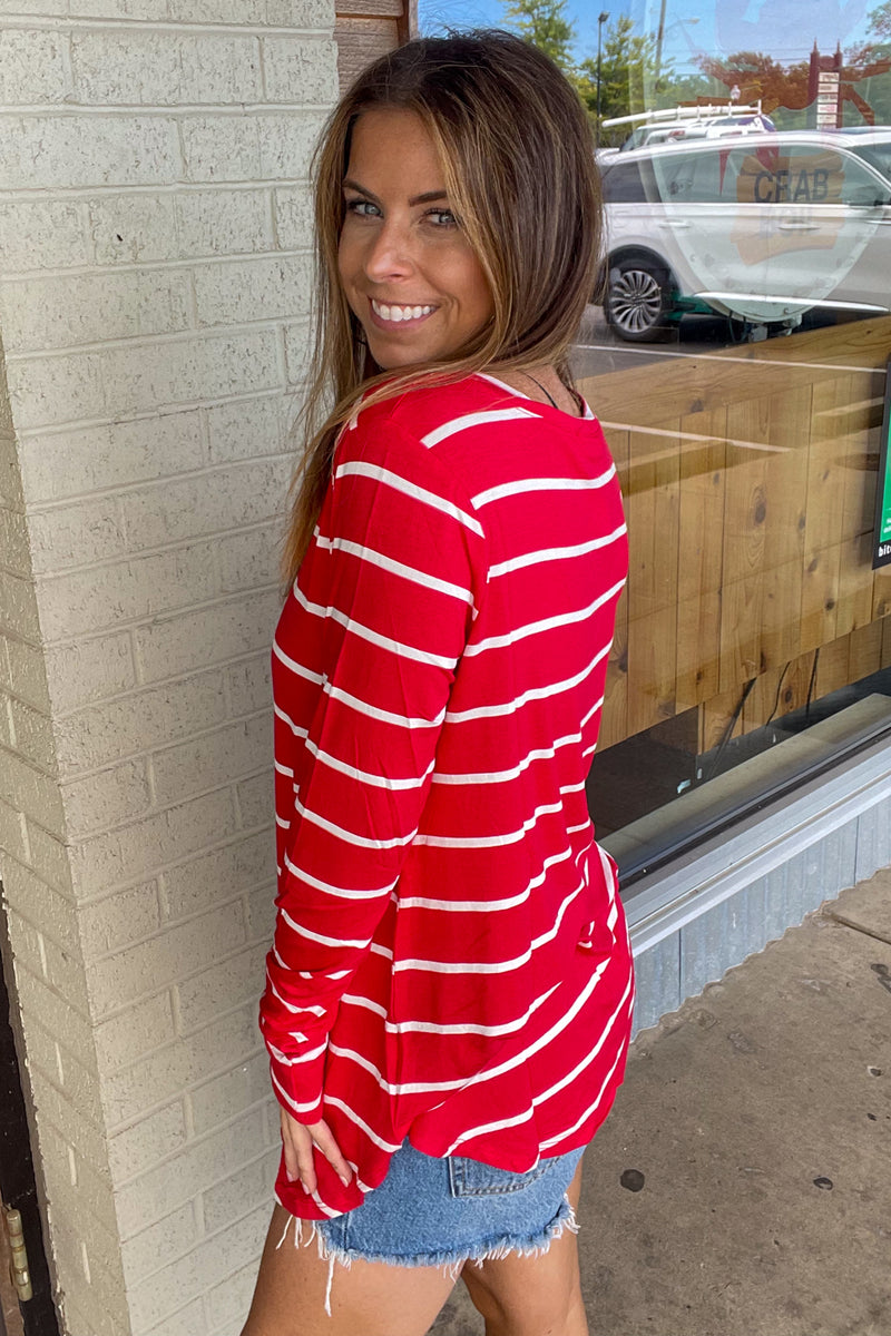 Zenana-Striped V-Neck Dolphin Hem Top-Red/White