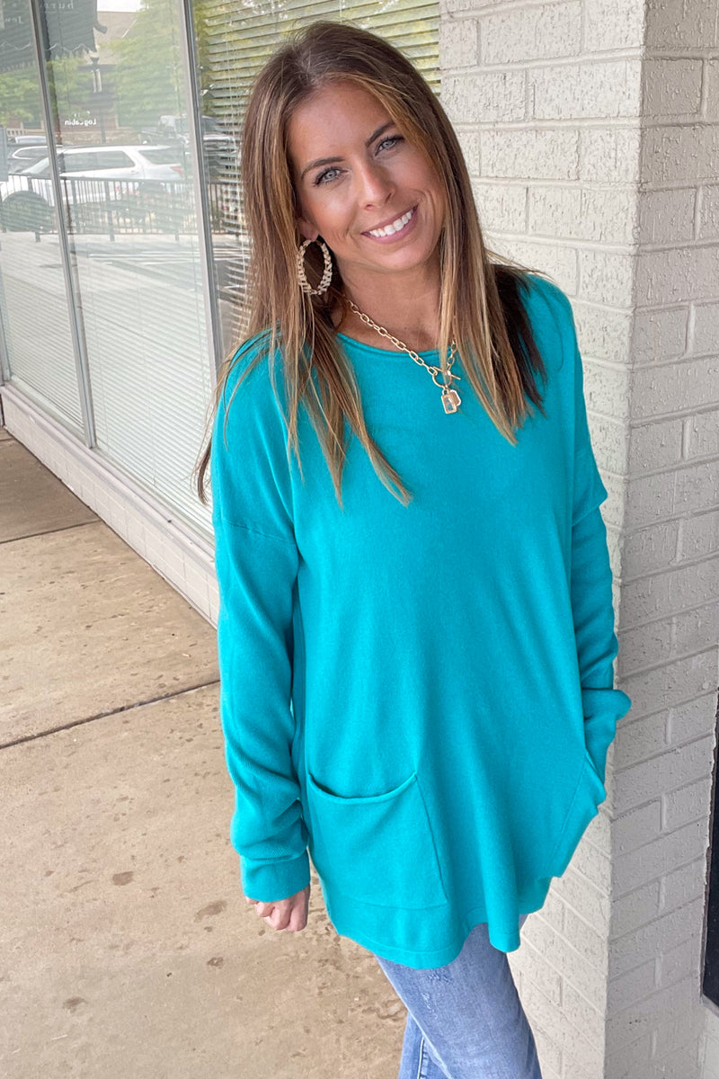 Heather Teal Long Sleeve Front Pocket Sweater By Zenana