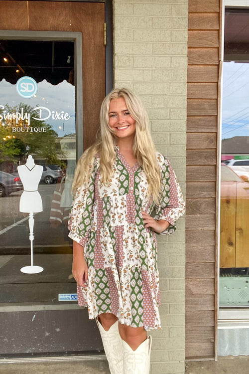 Umgee Floral Print Dress Olive