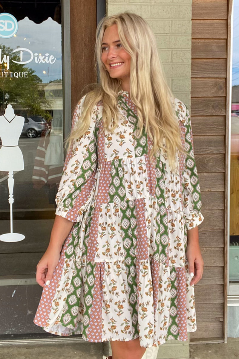 Umgee Floral Print Boho Dress Olive