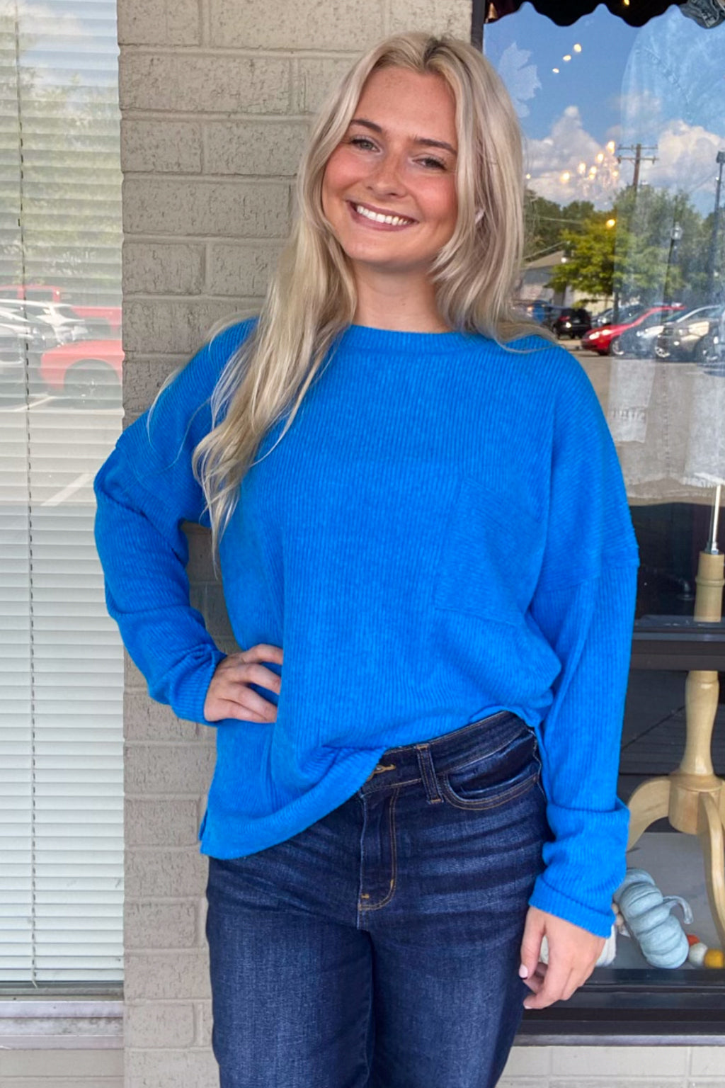 Zenana Ribbed Brushed Melange sweater Ocean Blue