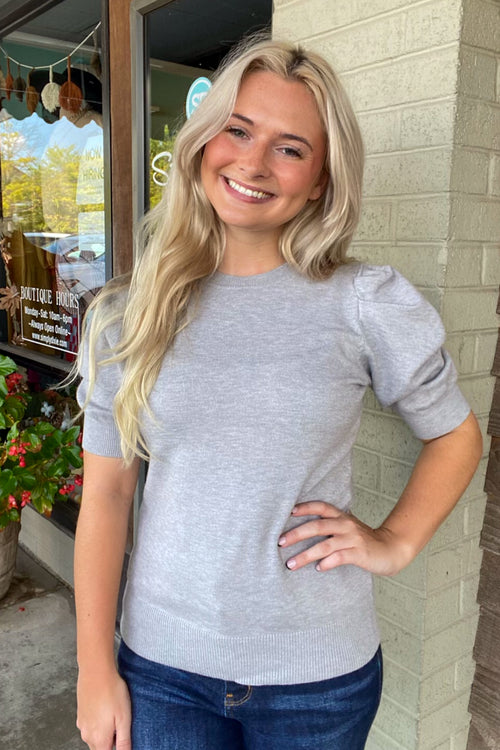 Zenana Puff Sleeve Short Sleeve Sweater in Heather Grey