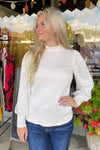 Zenana Mock Neck Ribbed Puff Sleeve Top Sand Beige