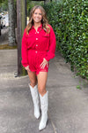 Red Long Sleeve Denim Romper