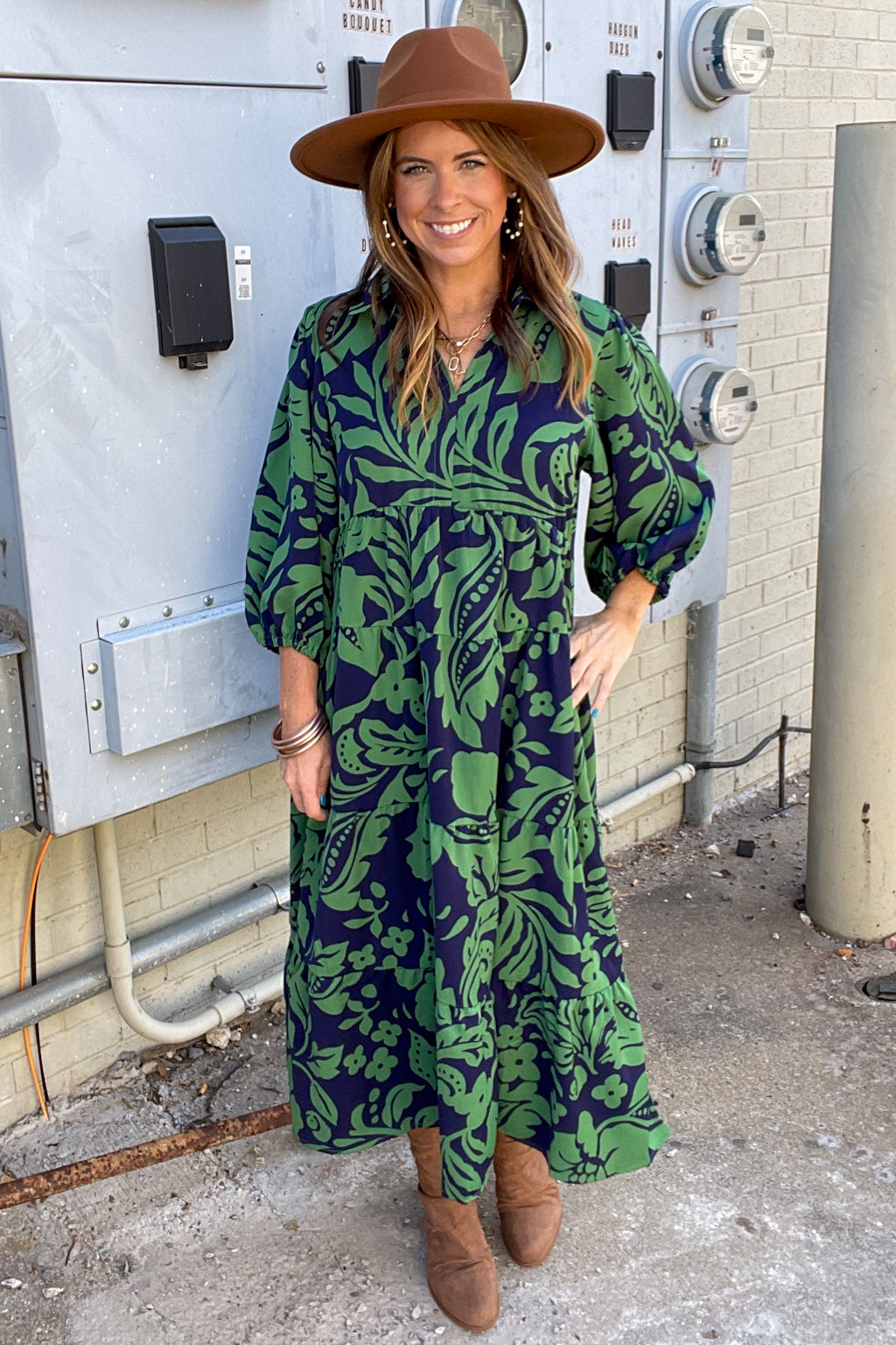 Umgee Green And Navy Midi Dress