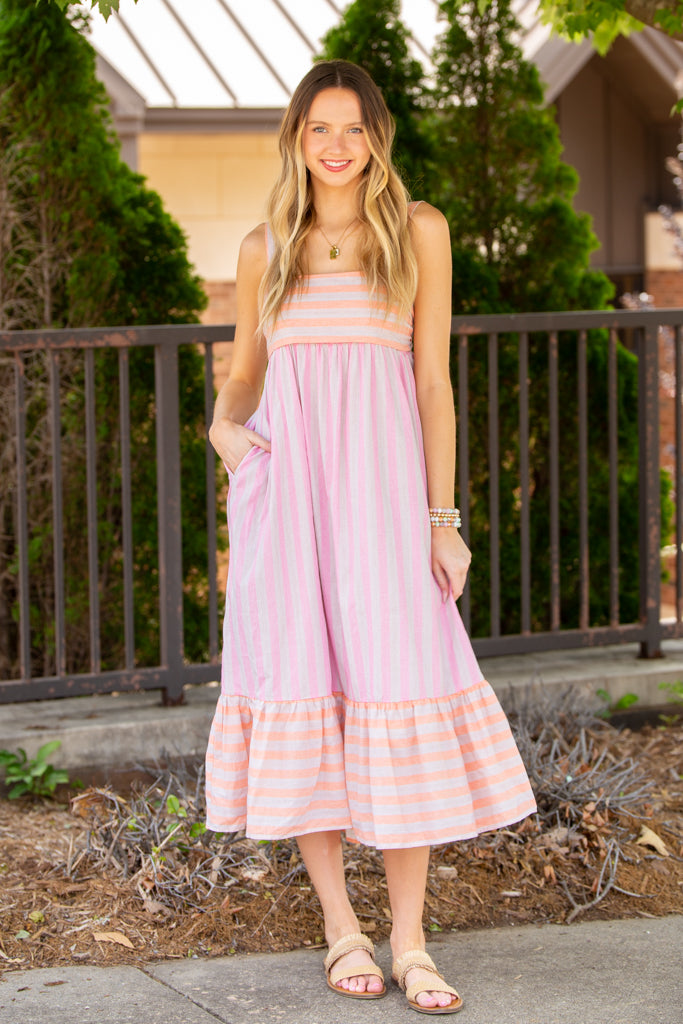 Stripe It Up Midi Dress-Orange/Pink