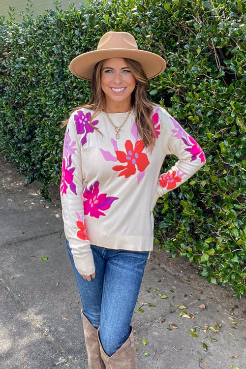 THML-Floral Knit Sweater-Cream