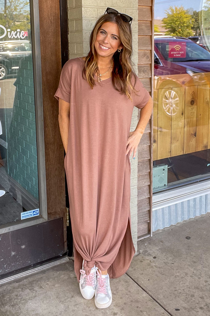 Zenana - Short Sleeve V-Neck Maxi Dress-Mocha