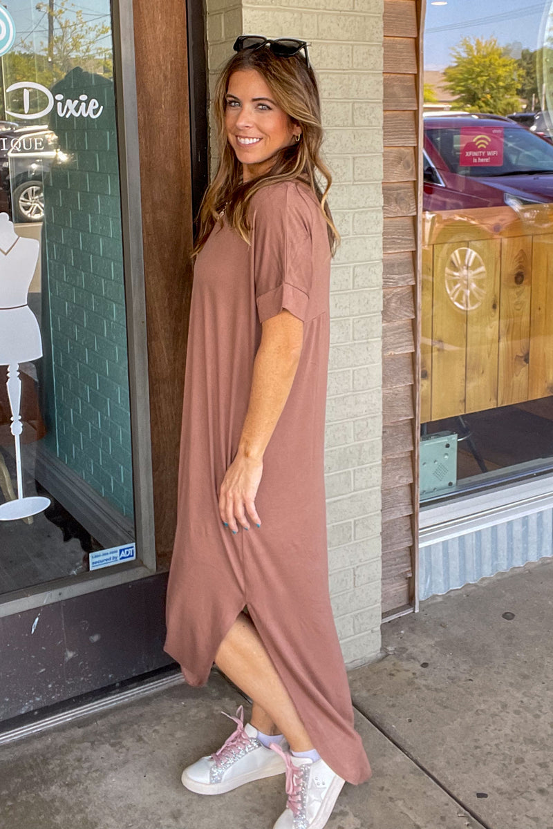 Zenana - Short Sleeve V-Neck Maxi Dress-Mocha