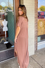 Zenana - Short Sleeve V-Neck Maxi Dress-Mocha