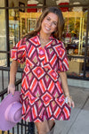 THML-Puff Sleeve Geometric Pattern Dress-Red