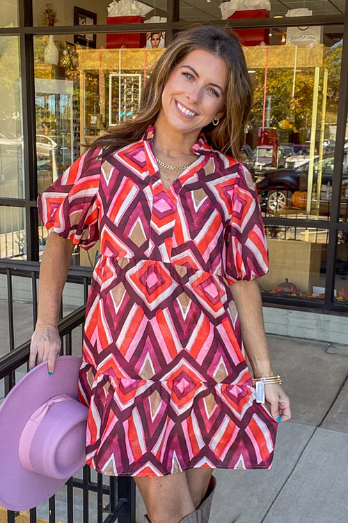 THML-Puff Sleeve Geometric Pattern Dress-Red