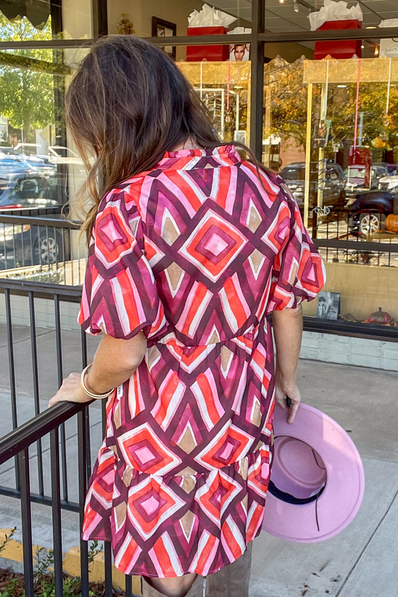 THML-Puff Sleeve Geometric Pattern Dress-Red