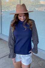 THML-Mixed Media Long Sleeve Top-Navy