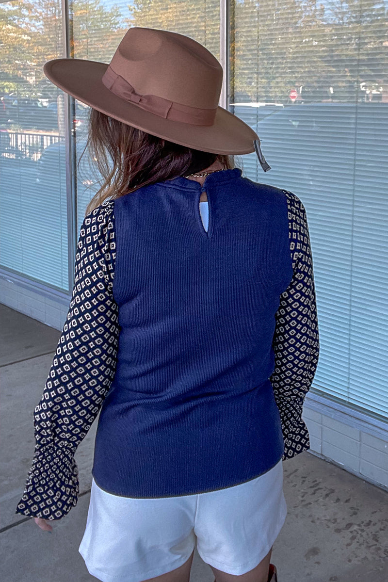 THML-Mixed Media Long Sleeve Top-Navy