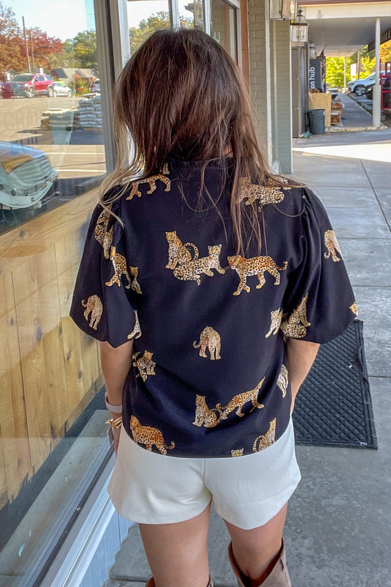 THML-Puff Sleeve Cheetah Top-Black