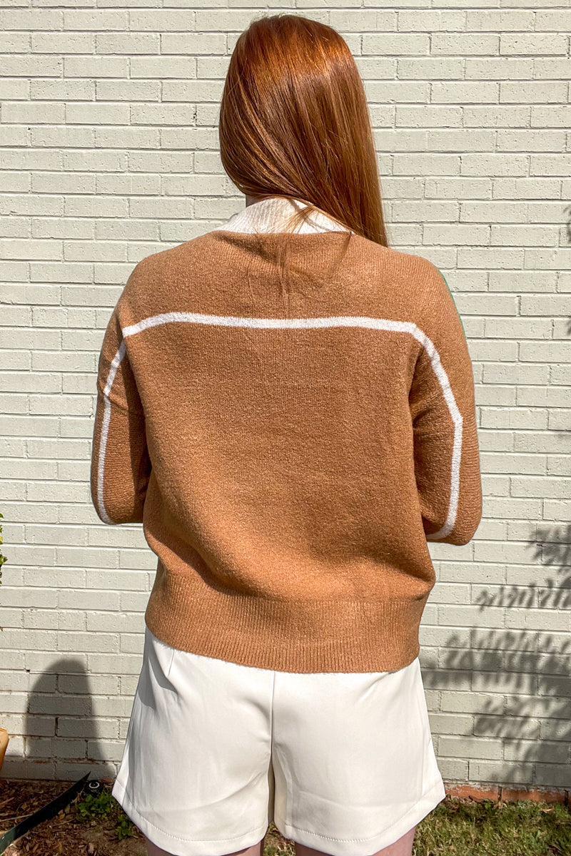 THML-Colorblock Sleeve Textured Sweater-Beige