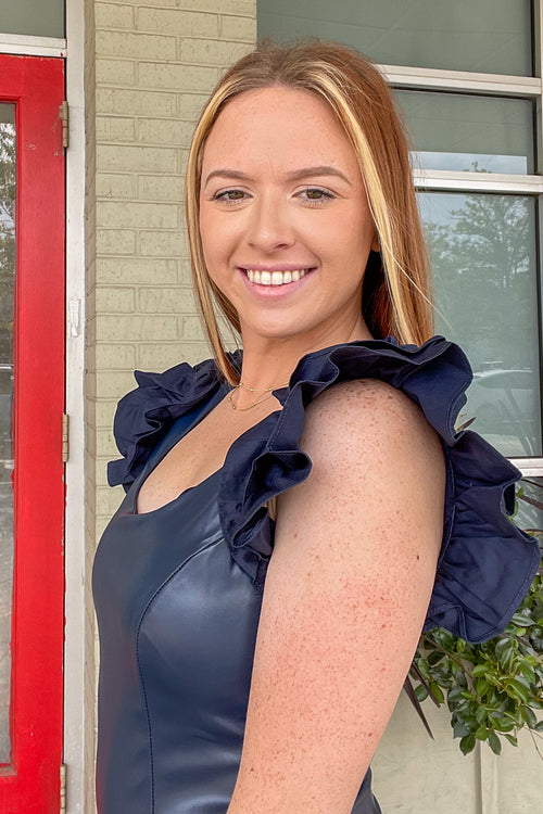 TCEC-Pleather Ruffle Sleeve Bodysuit-Navy