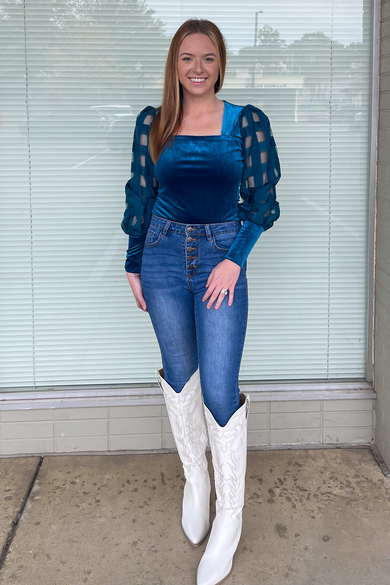 Umgee teal Velvet Bodysuit