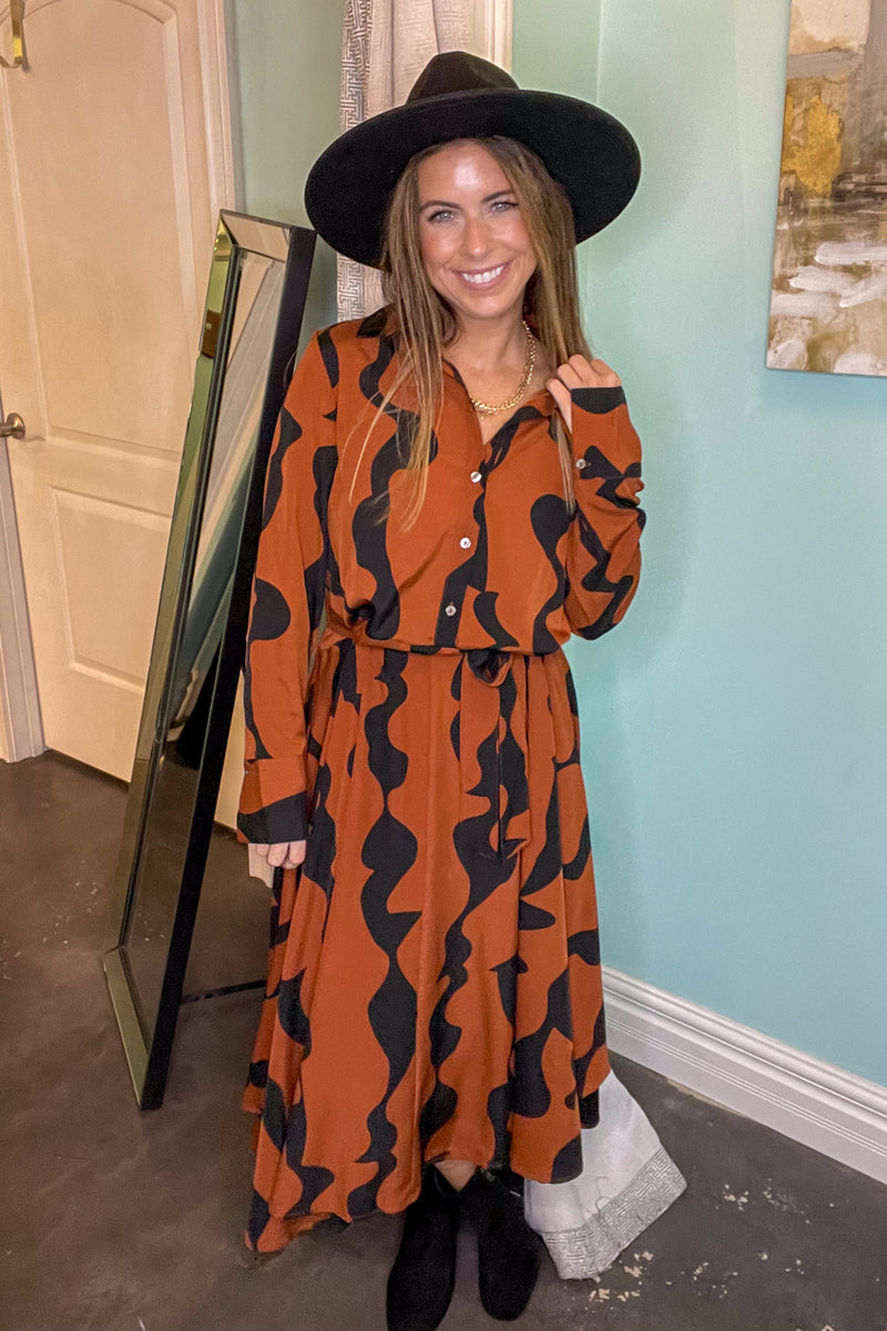 On My Wavelength Midi Dress-Brown/Black