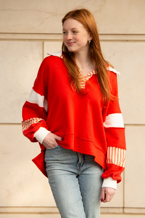 French Terry Color Block Collared Top-Red/Ivory