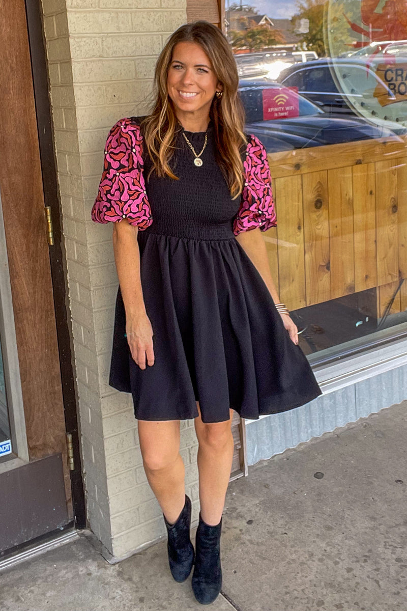 Entro Smocked Top Embroidered Sleeve Dress