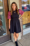 Smocked Top Sleeve Detail Dress-Black
