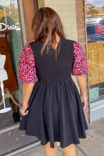 Smocked Top Sleeve Detail Dress-Black