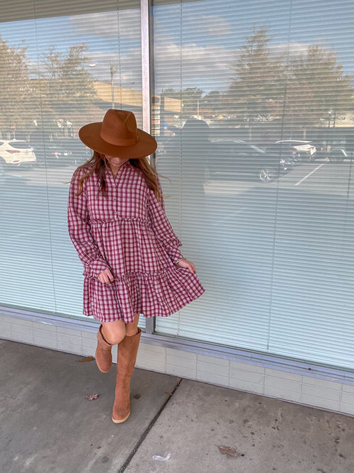 Plaid To See You Dress-Merlot