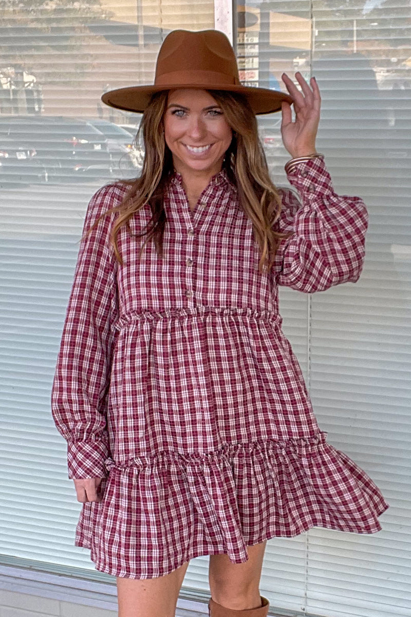 Plaid To See You Dress-Merlot