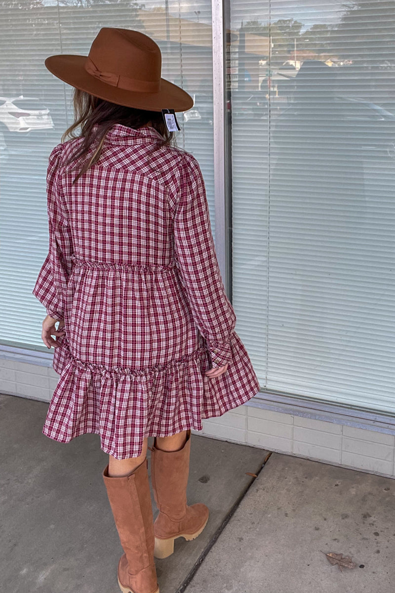Plaid To See You Dress-Merlot