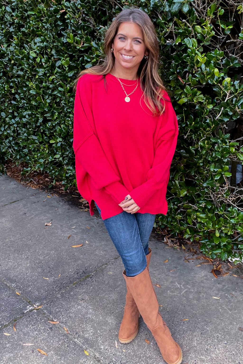 Entro Oversized Round Hem Red Sweater