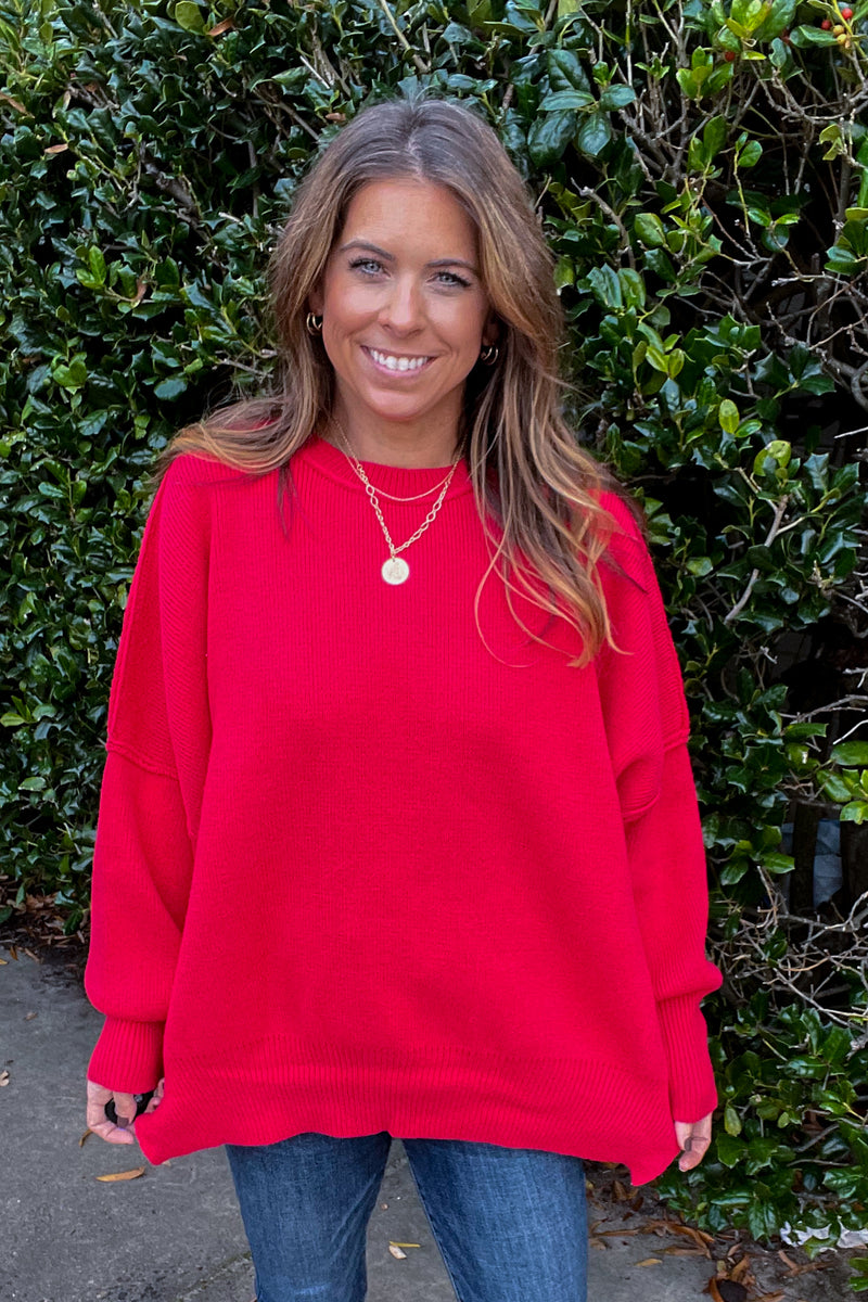 Oversized Round Hem Sweater Top-Red