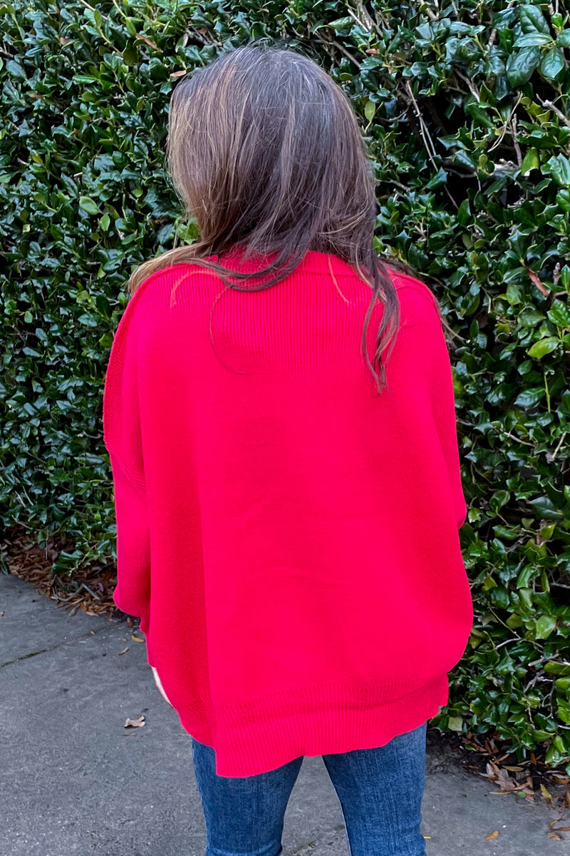 Oversized Round Hem Sweater Top-Red