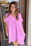 Zenana-Raw Edge Gauze V-Neck Dress